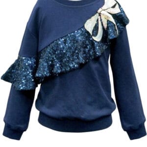 HB-NAVY SWEATSHIRT W/SEQUIN RUFFLE & BOW PATCH   $69.30 VAT