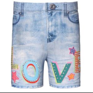 BABYSARA  BLUE MULTI  DENIM  PRINT BIKERS W/RHINESTONES  $46.75 VAT
