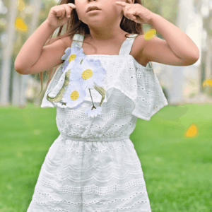BABYSARA   WHITE  OFF SHOULDER EYELET ROMPER W/DAISY TRIM  $86.90  VAT