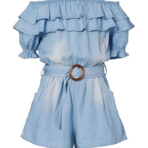 HANNAH BANANA BLUE DENIM TWEEN RUFFLED COLD SHOULDER ROMPER $95.70 VAT