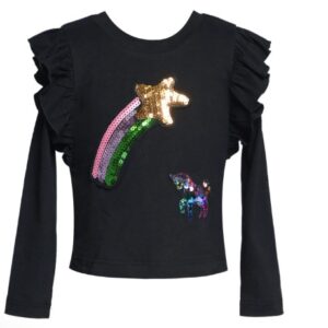 BABY SARA   RUFFLE L/S TOP W/RAINBOW & UNICORN PATCH DETAIL   $75.90 VAT