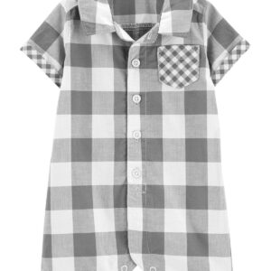CARTER'S BABY BOY GINGHAM ROMPER-GREY VAT $24.25