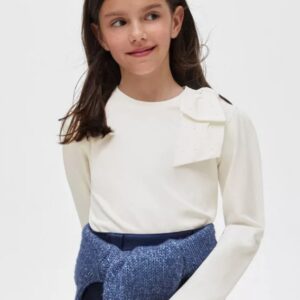 Mayoral Tween Girl Pearl Bow Long Sleeve Shirt- Crudo VAT $35.31