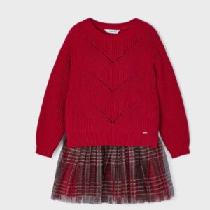 Mayoral Big Girl Tulle Dress and Sweater Set- Rojo VAT $80.03