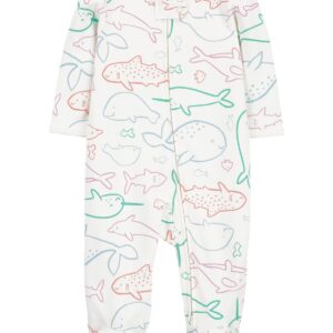 Carter's Baby Girl Whale 2 Way Zip Sleep & Play Pajamas- Ivory VAT $15.54