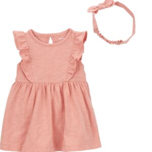 Carter's Baby Girl 2 Piece Bodysuit Dress & Head Wrap Set- Pink VAT $24.20