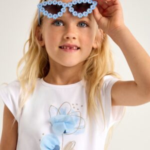 Mayoral Toddler Girl Flower Detail Short Sleeve Shirt- Crudo- Cielo VAT $33.88