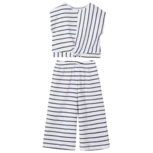 Mayoral Big Girl Stripe Top and Trouser Set- Blanco-actrac VAT $56.41