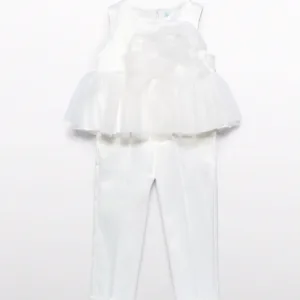 Mayoral Girls Ruffle Top & Satin Pant Set- Blanco VAT $148.04